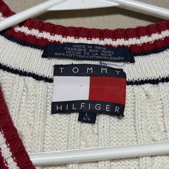 Vintage Tommy Hilfiger Sweater Vest Sz L White Cable Knit V Neck Preppy Academia - Picture 5 of 9